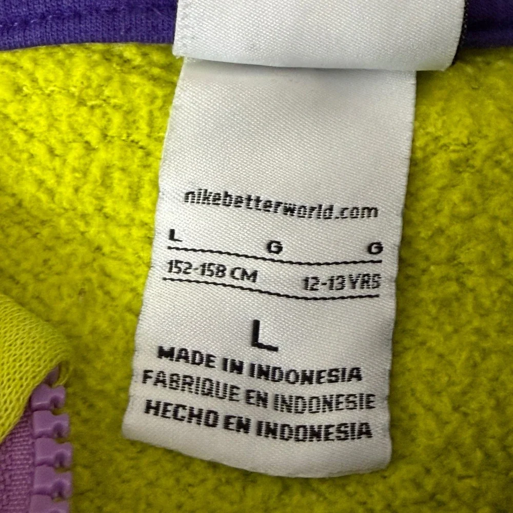 Nike Kids Full Zip Hoodie Lime Green Purple‎ Fleece Sweatshirt Size L 12-13 Yrs